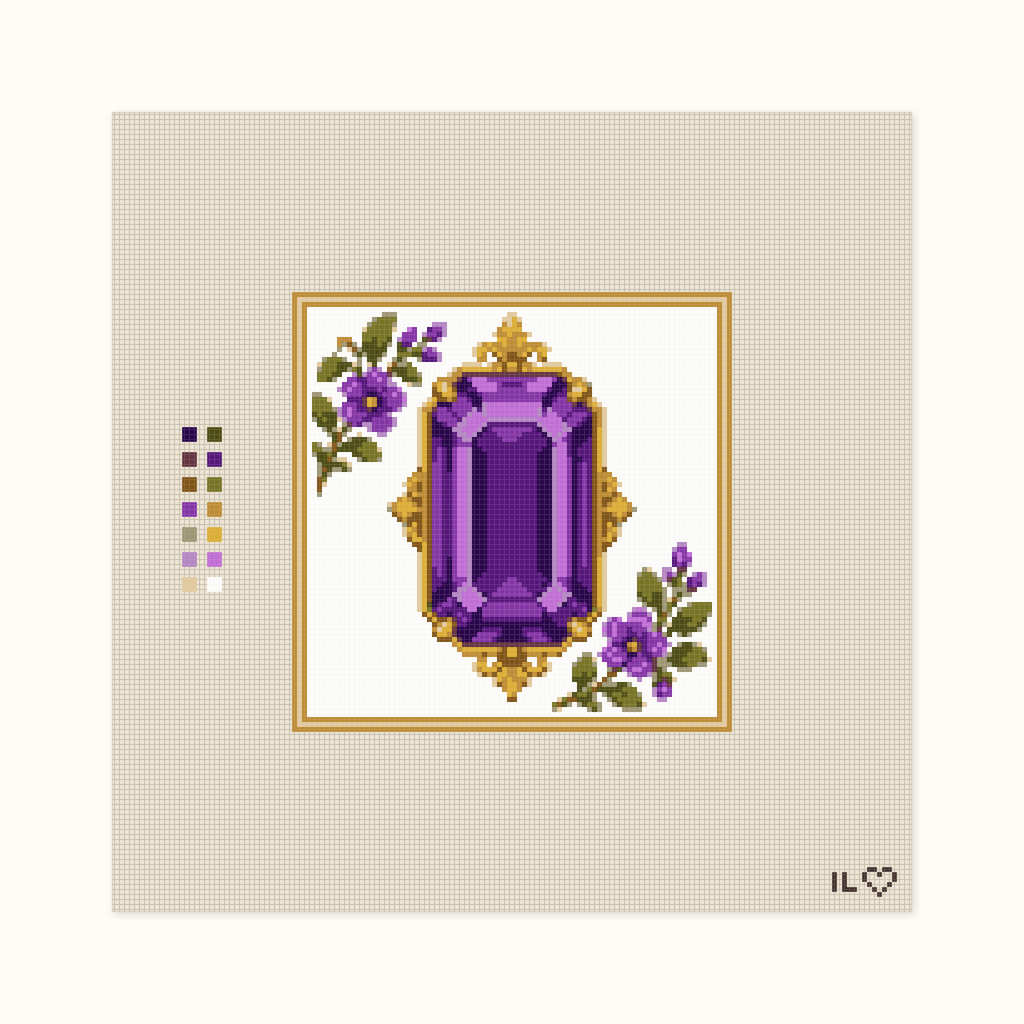 Heirloom Amethyst hand-painted needlepoint canvas: a deep purple faceted amethyst placed between flowers