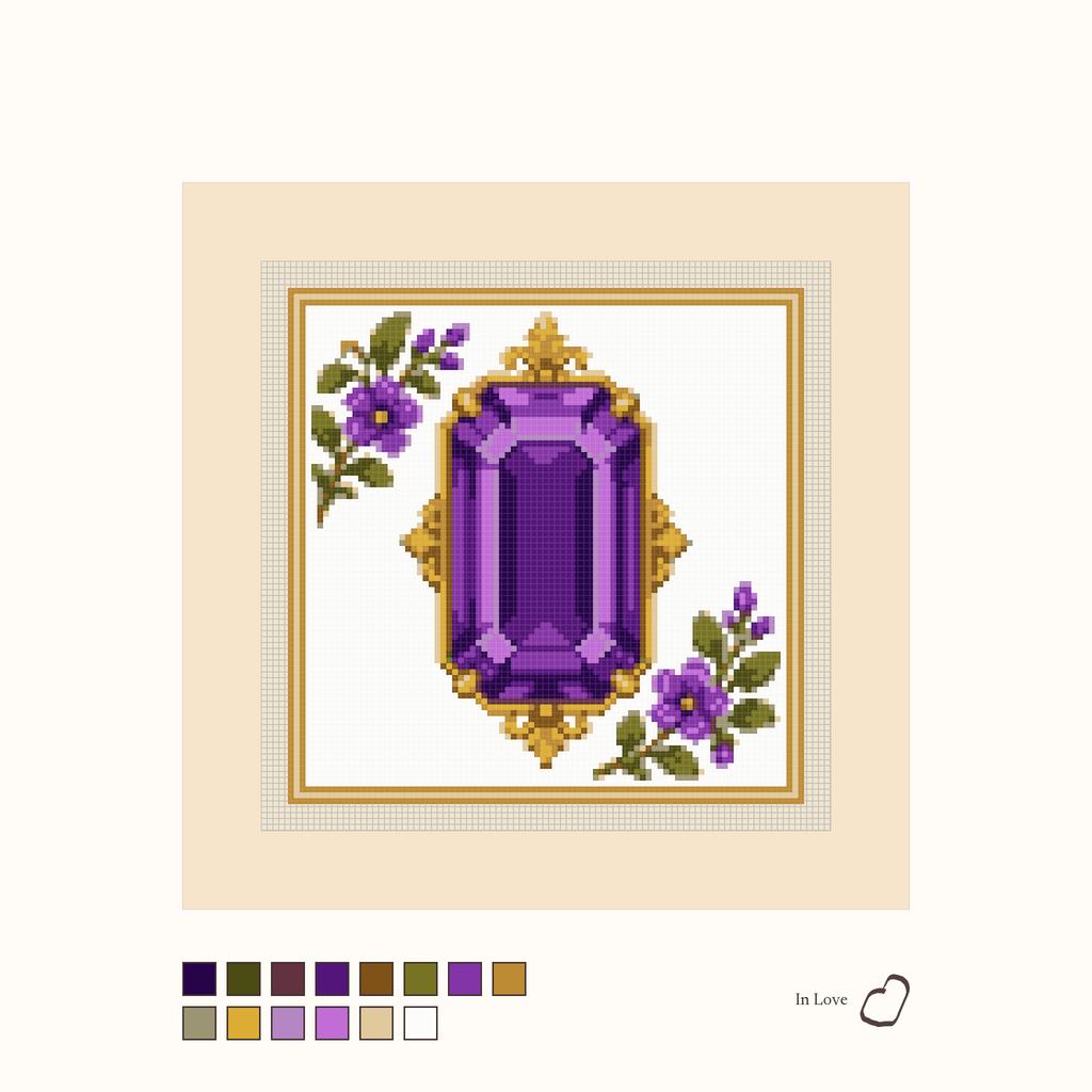 Heirloom Amethyst design as painted: a deep purple faceted amethyst placed between flowers