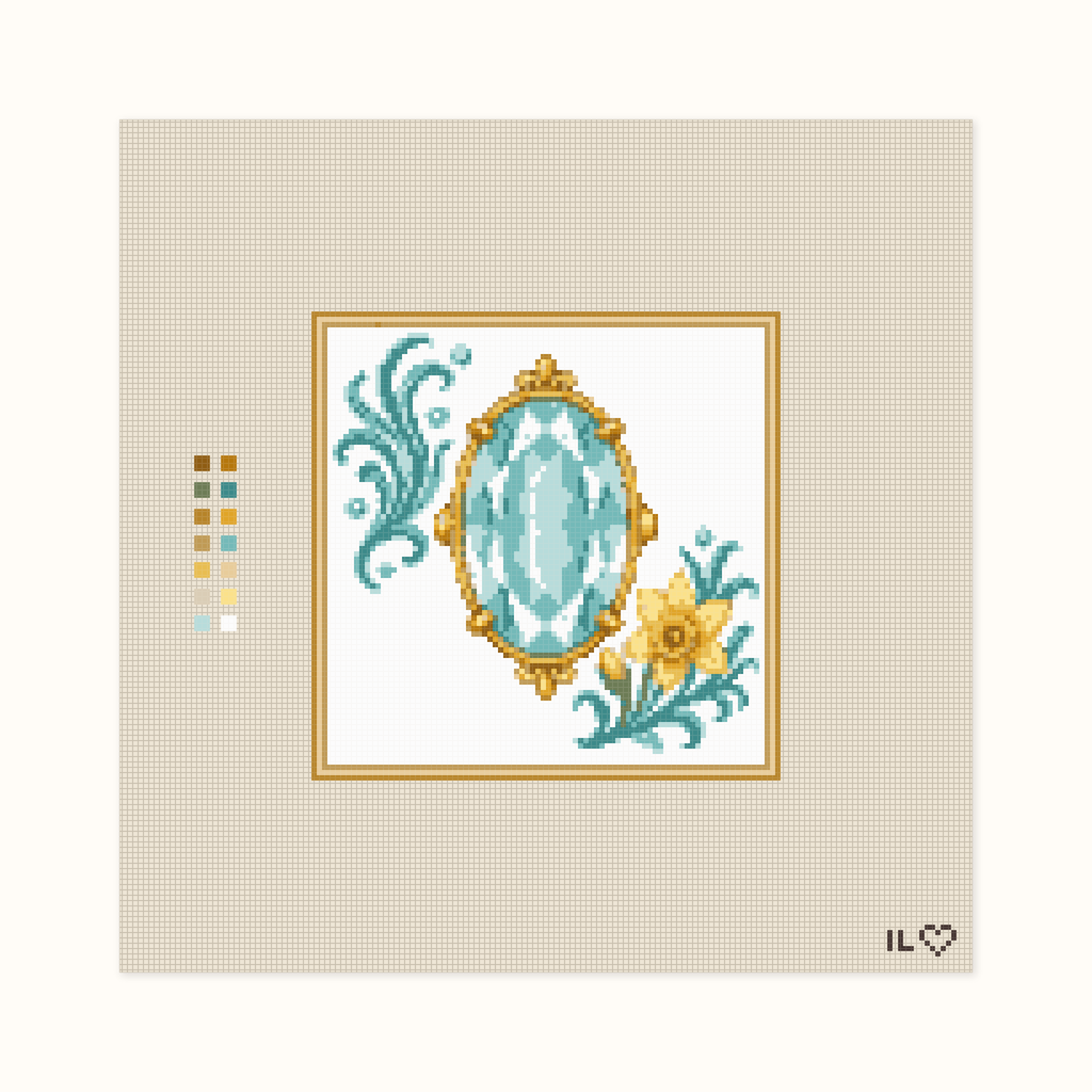 Heirloom Aquamarine hand-painted needlepoint canvas: a bright blue faceted aquamarine placed between flowers