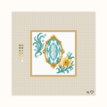 Heirloom Aquamarine hand-painted needlepoint canvas: a bright blue faceted aquamarine placed between flowers
