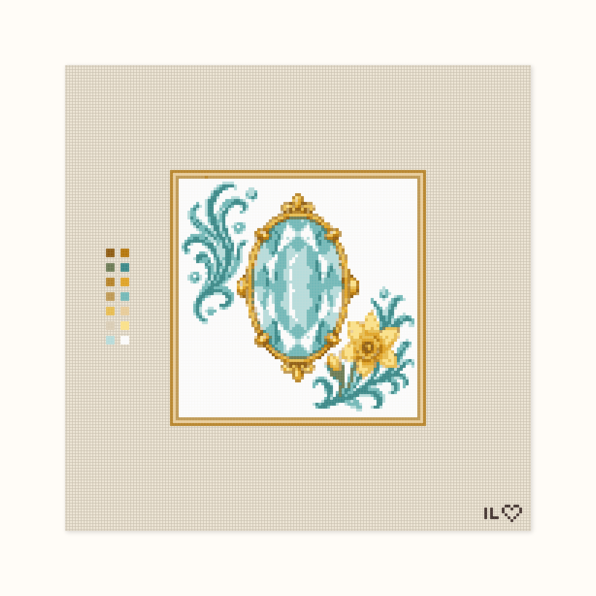 Heirloom Aquamarine hand-painted needlepoint canvas: a bright blue faceted aquamarine placed between flowers