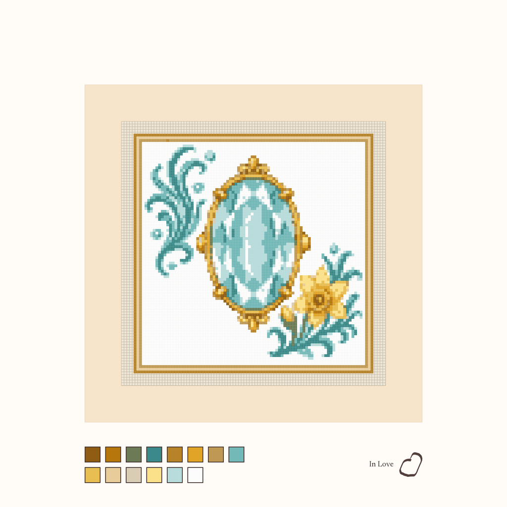 Heirloom Aquamarine design as painted: a bright blue faceted aquamarine placed between flowers