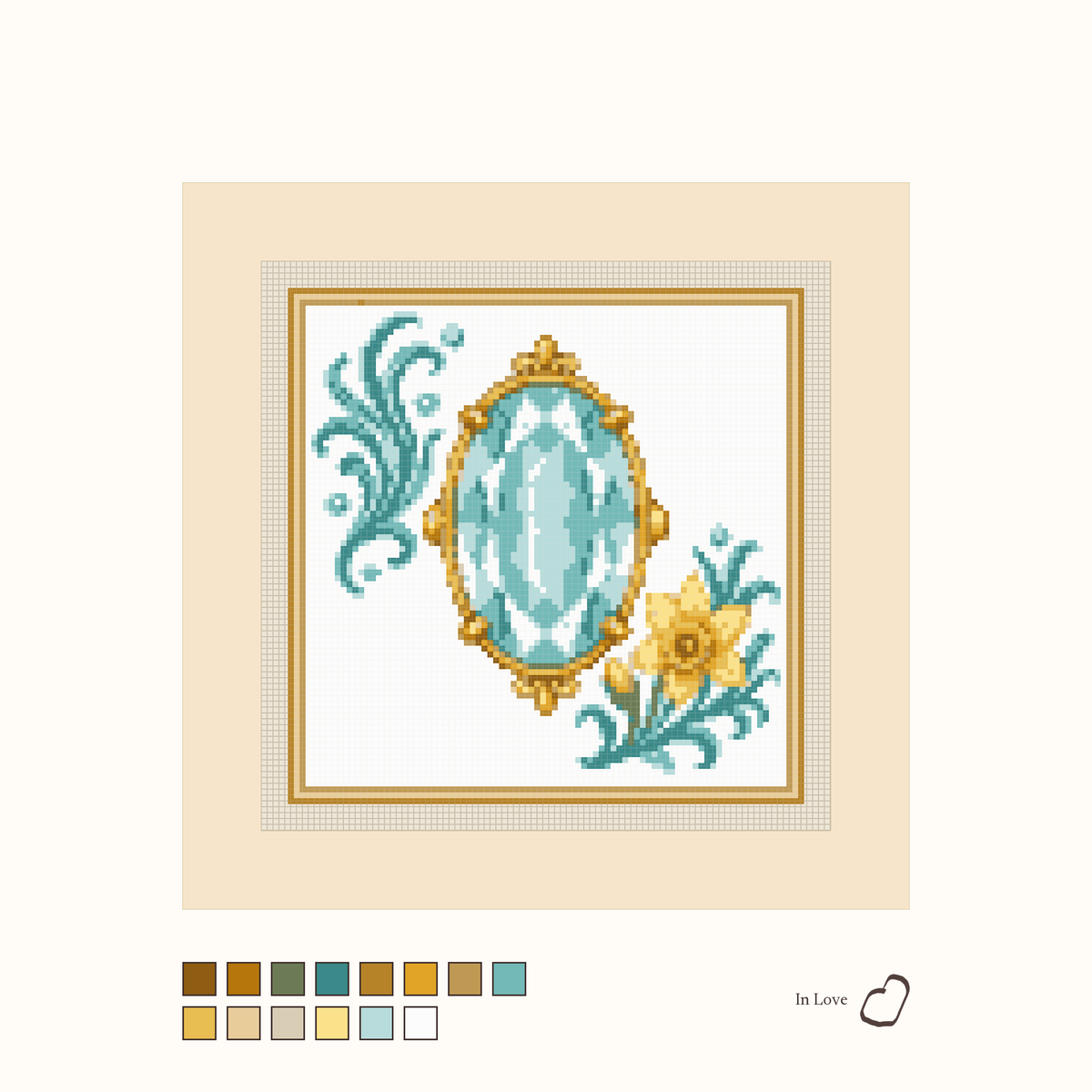 Heirloom Aquamarine design as painted: a bright blue faceted aquamarine placed between flowers