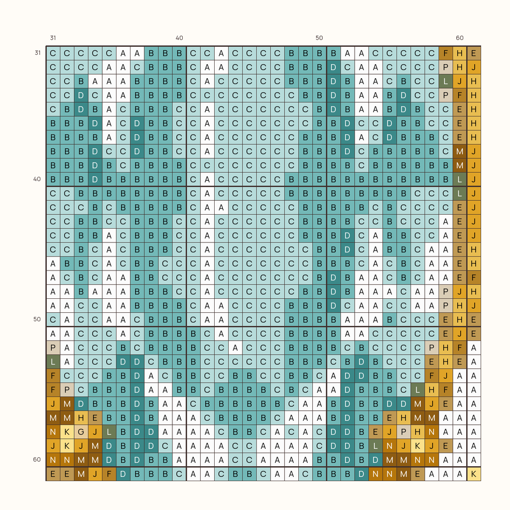 Heirloom Aquamarine stitch chart, one square per stitch