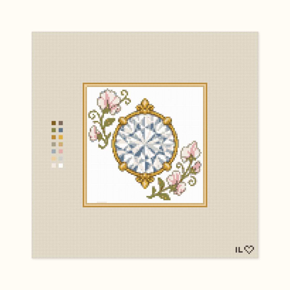 Heirloom Diamond hand-painted needlepoint canvas: a bright white faceted diamond placed between flowers