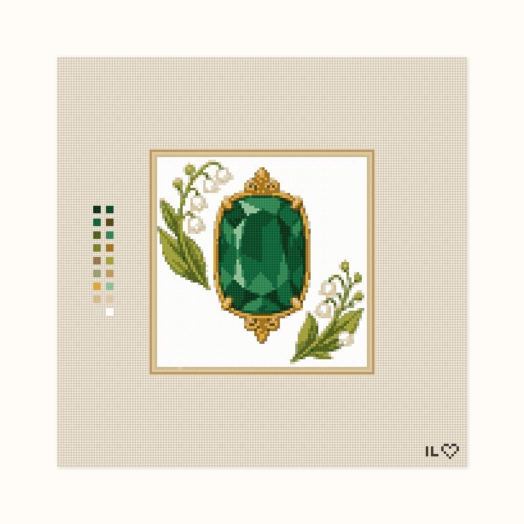 Heirloom Emerald hand-painted needlepoint canvas: a deep green faceted emerald placed between flowers