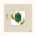 Heirloom Emerald hand-painted needlepoint canvas: a deep green faceted emerald placed between flowers