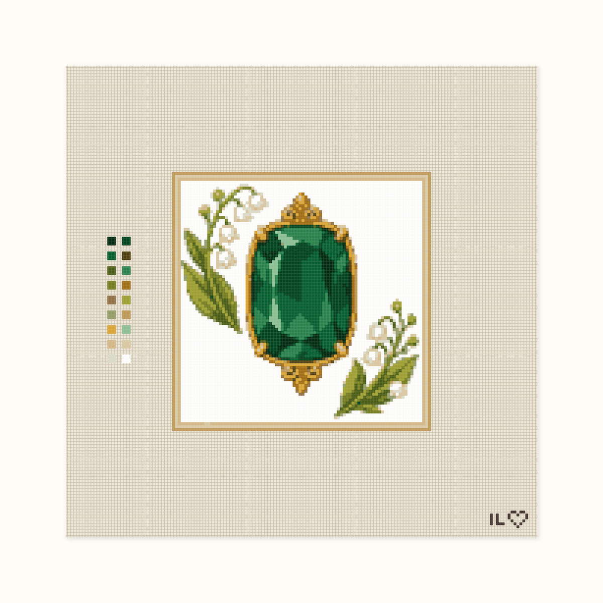 Heirloom Emerald hand-painted needlepoint canvas: a deep green faceted emerald placed between flowers