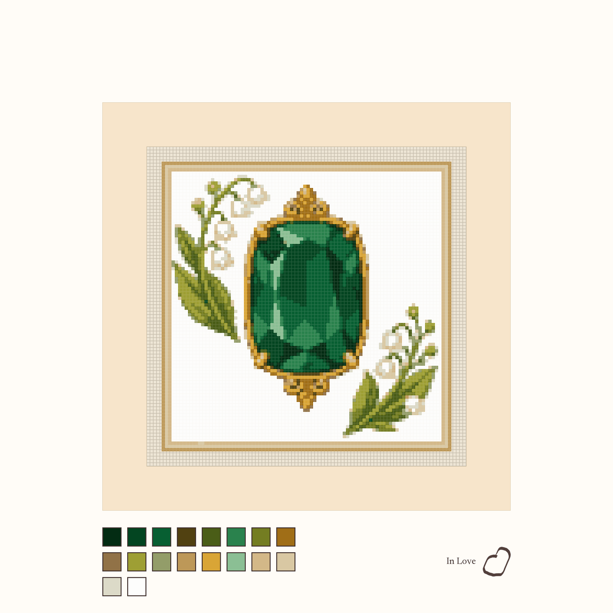 Heirloom Emerald design as painted: a deep green faceted emerald placed between flowers