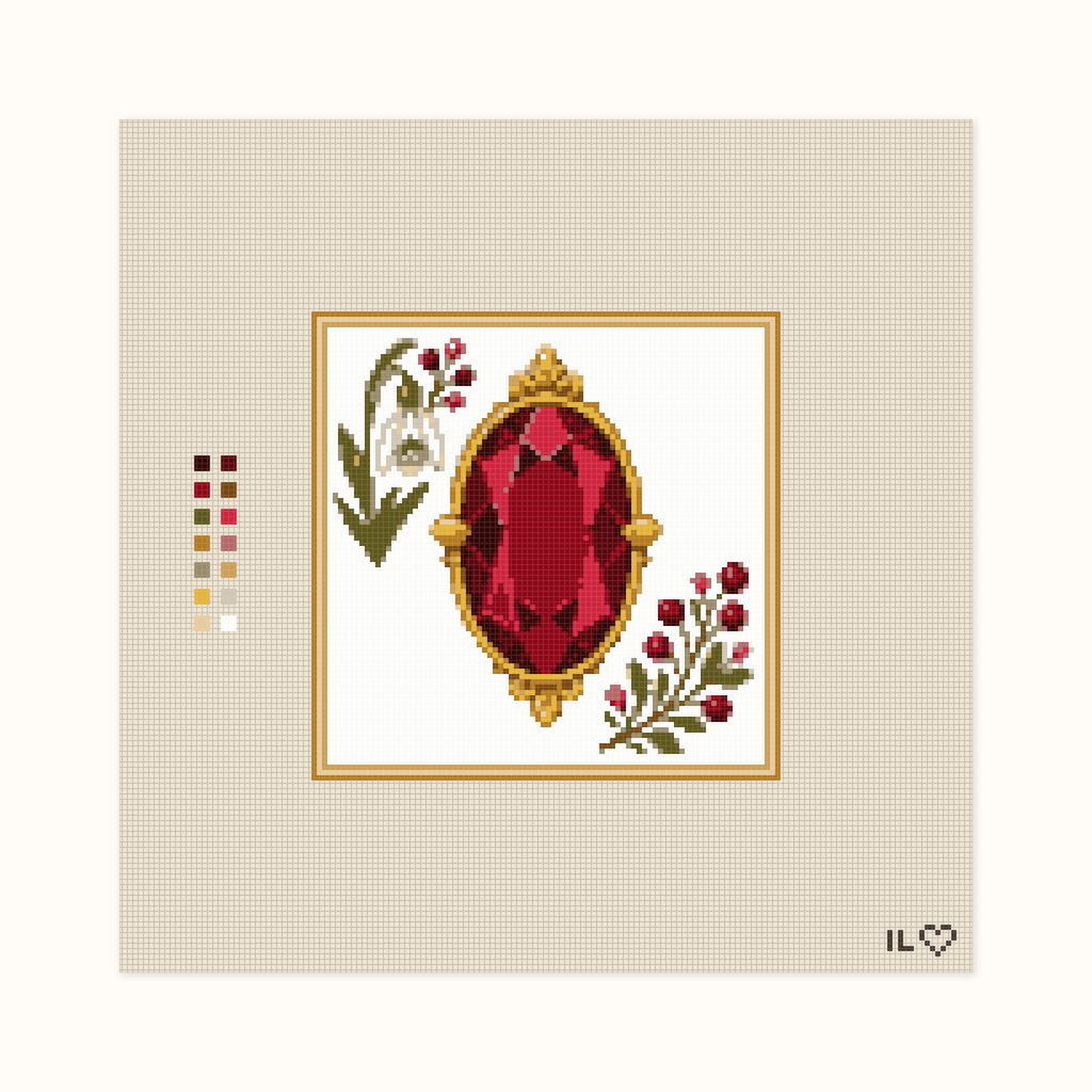 Heirloom Garnet hand-painted needlepoint canvas: a deep red faceted garnet placed between flowers