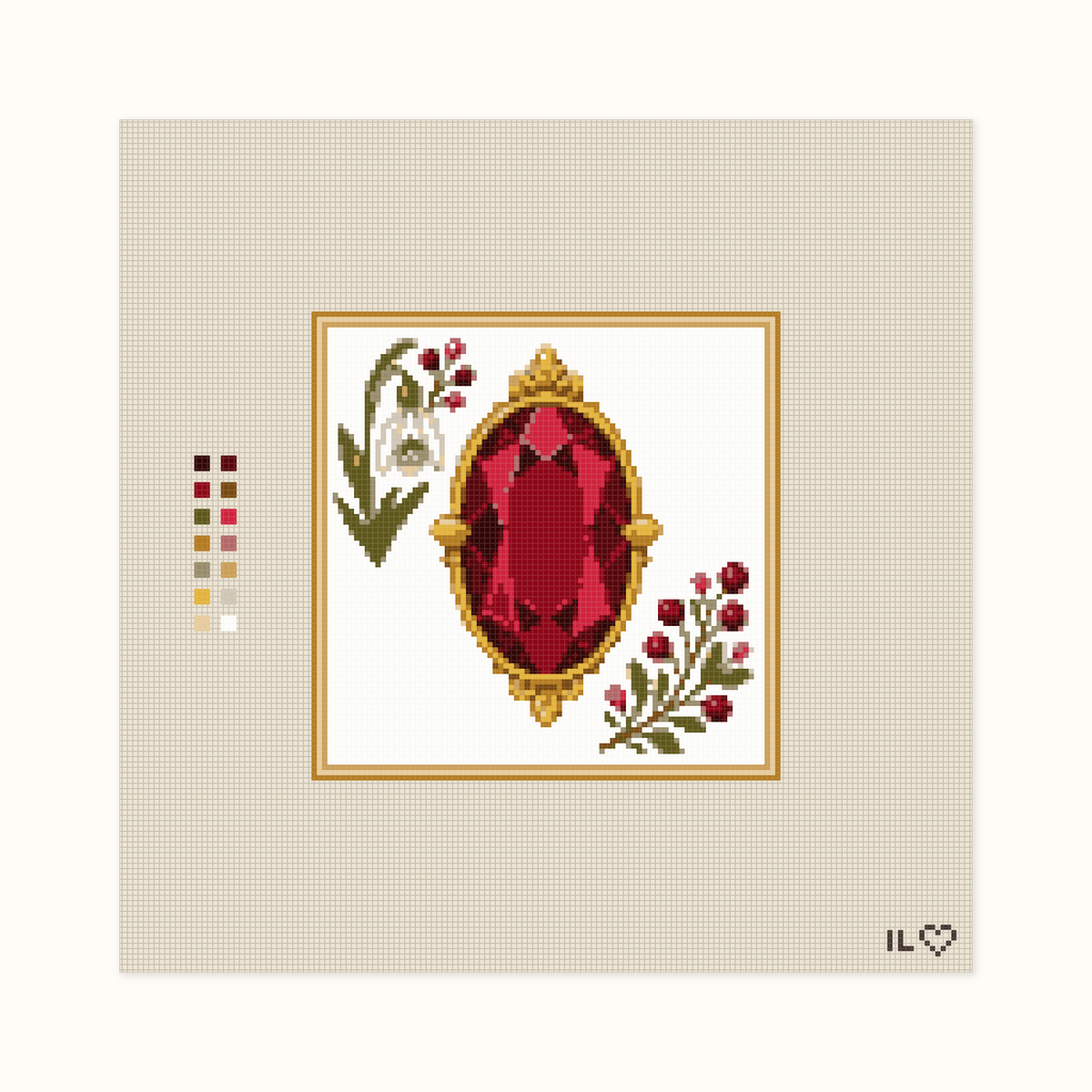 Heirloom Garnet hand-painted needlepoint canvas: a deep red faceted garnet placed between flowers
