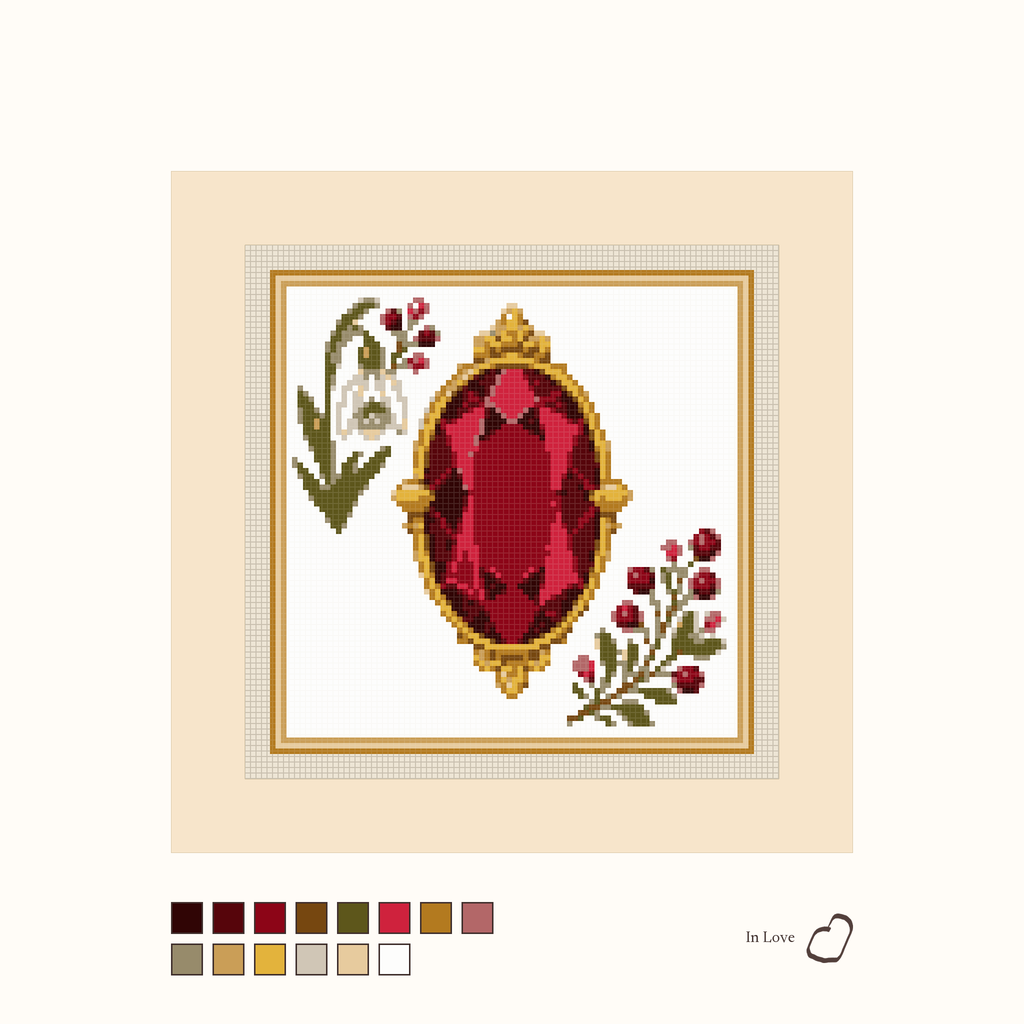 Heirloom Garnet design as painted: a deep red faceted garnet placed between flowers