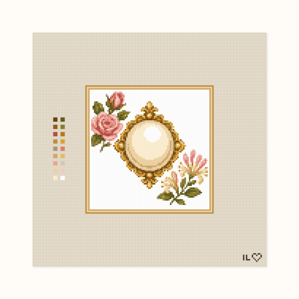 Heirloom Pearl hand-painted needlepoint canvas: a shiny pearl placed between flowers