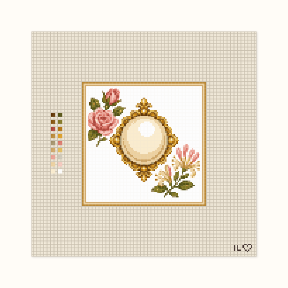 Heirloom Pearl hand-painted needlepoint canvas: a shiny pearl placed between flowers