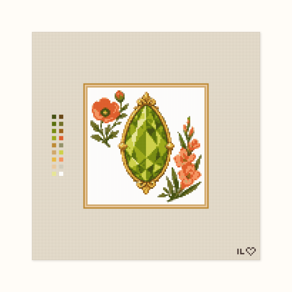 Heirloom Peridot hand-painted needlepoint canvas: a bright green faceted peridot placed between flowers