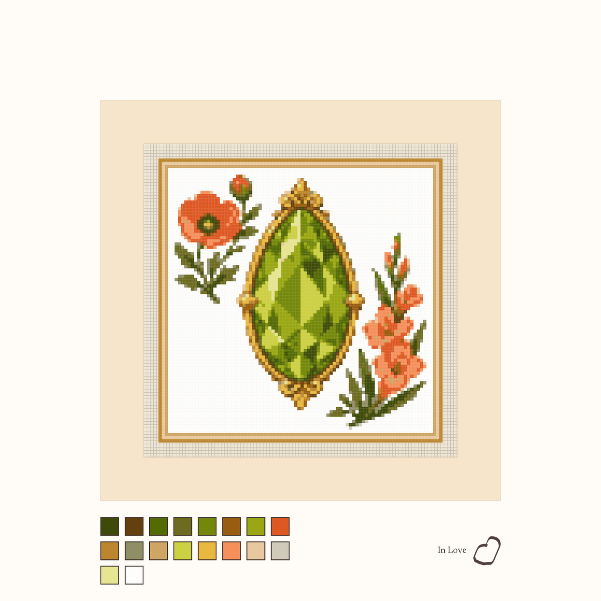 Heirloom Peridot design as painted: a bright green faceted peridot placed between flowers