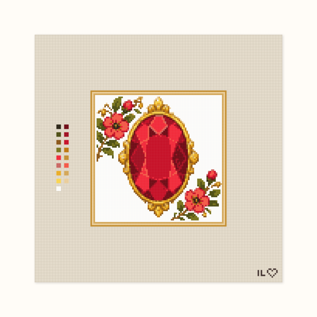 Heirloom Ruby hand-painted needlepoint canvas: a bright red faceted ruby placed between flowers