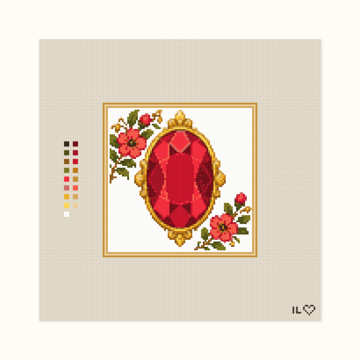 Heirloom Ruby hand-painted needlepoint canvas: a bright red faceted ruby placed between flowers