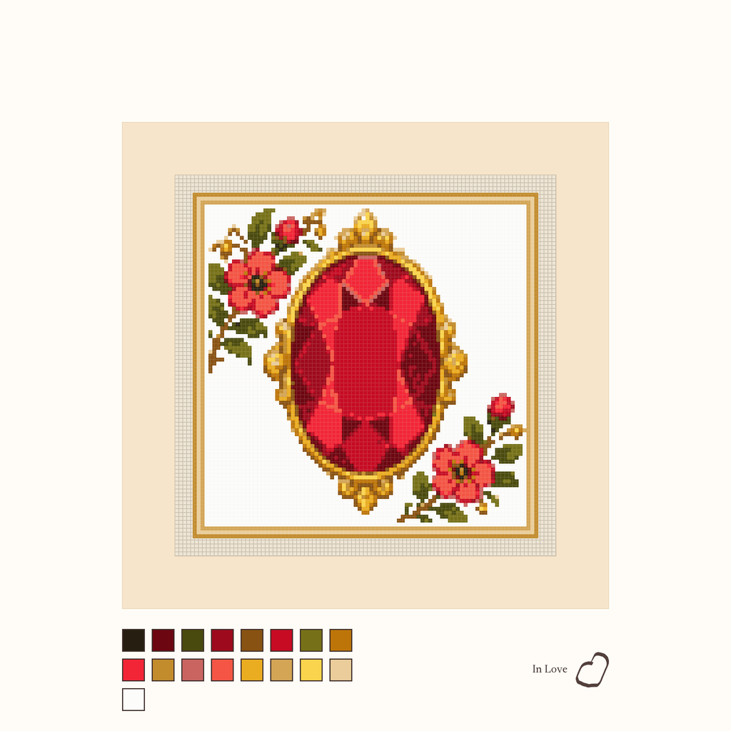 Heirloom Ruby design as painted: a bright red faceted ruby placed between flowers