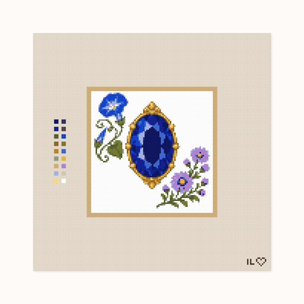 Heirloom Sapphire hand-painted needlepoint canvas: a deep blue faceted sapphire placed between flowers