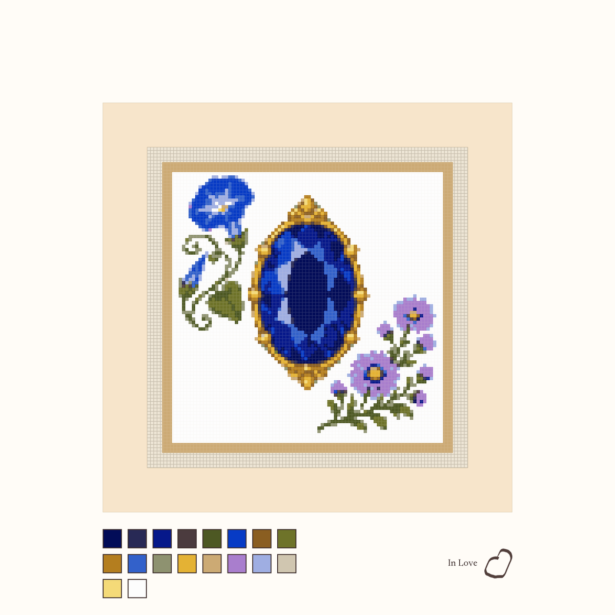 Heirloom Sapphire design as painted: a deep blue faceted sapphire placed between flowers