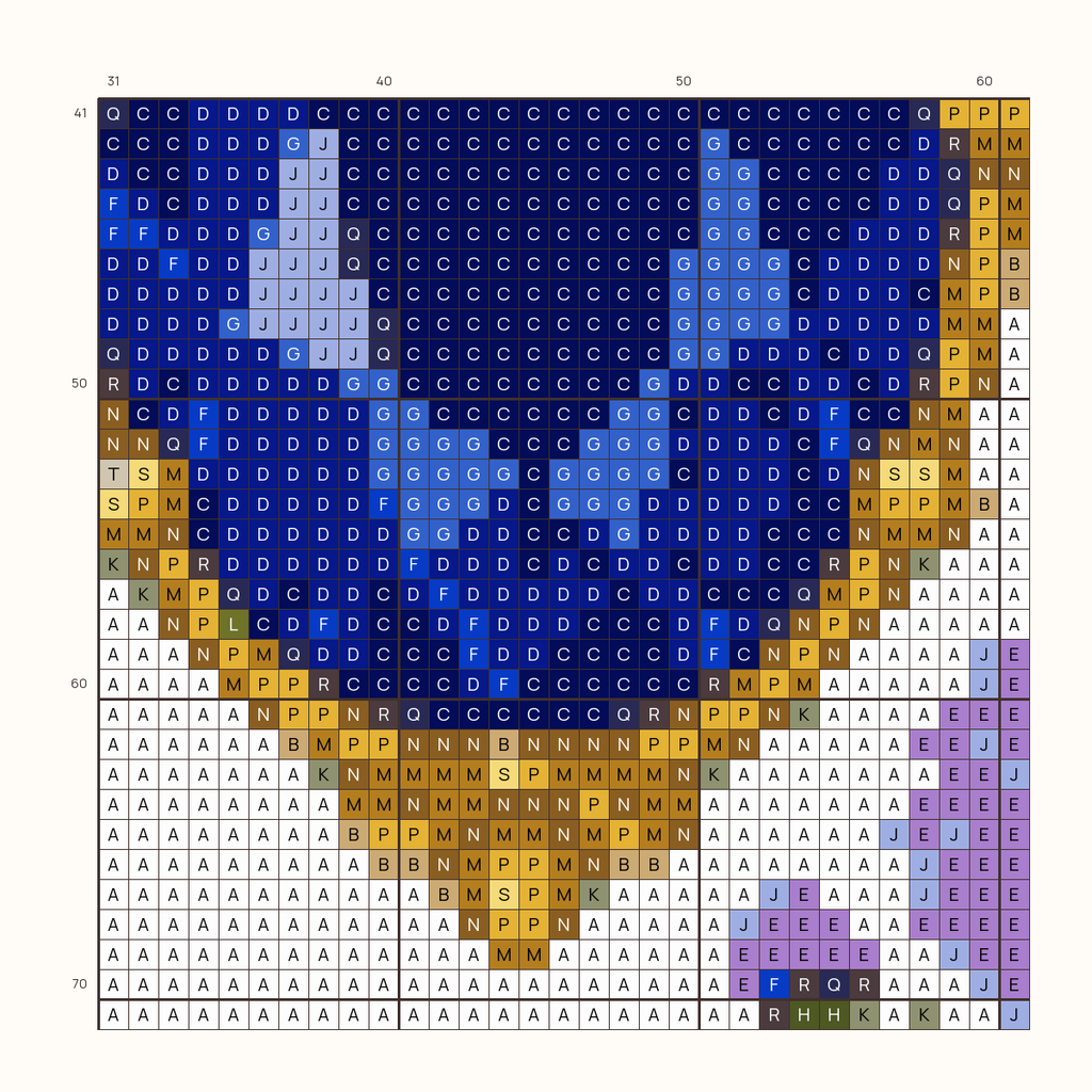 Heirloom Sapphire stitch chart, one square per stitch