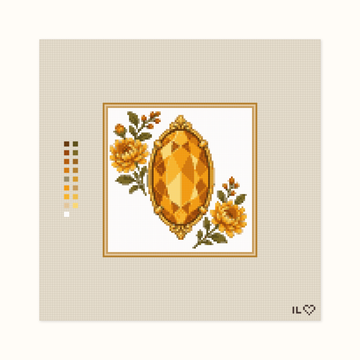 Heirloom Topaz hand-painted needlepoint canvas: a bright golden faceted topaz placed between flowers