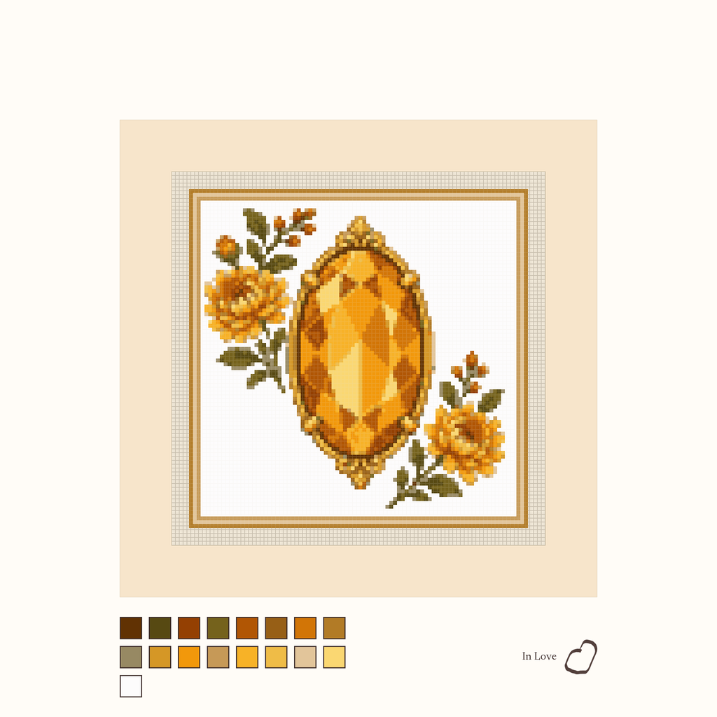 Heirloom Topaz design as painted: a bright golden faceted topaz placed between flowers