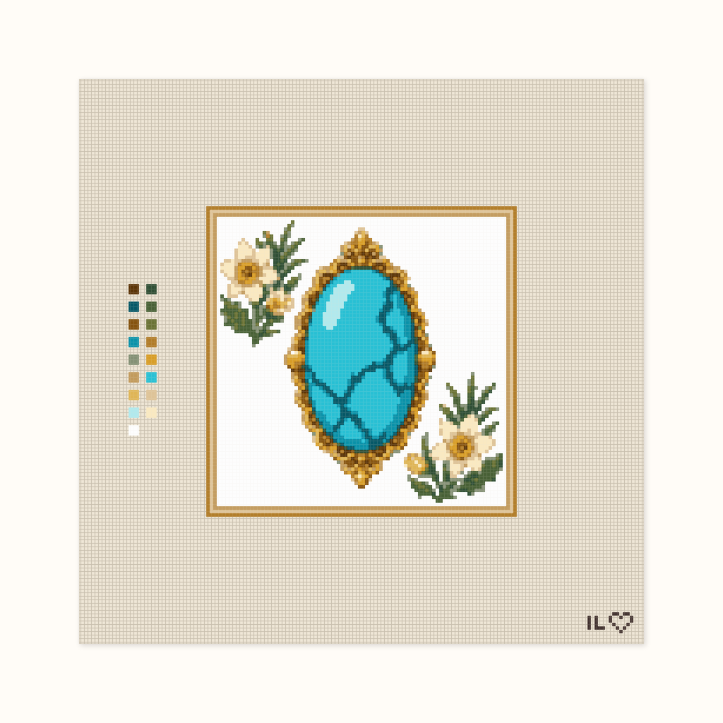 Heirloom Turquoise hand-painted needlepoint canvas: a shiny blue turquoise placed between flowers