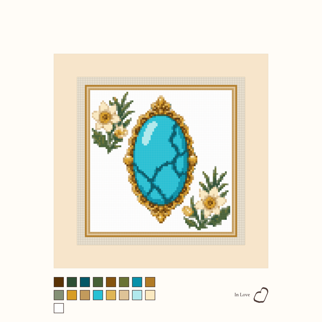Heirloom Turquoise design as painted: a shiny blue turquoise placed between flowers
