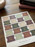 Close angled view of the Bible tab sheet in sage, burgundy and dusty pink