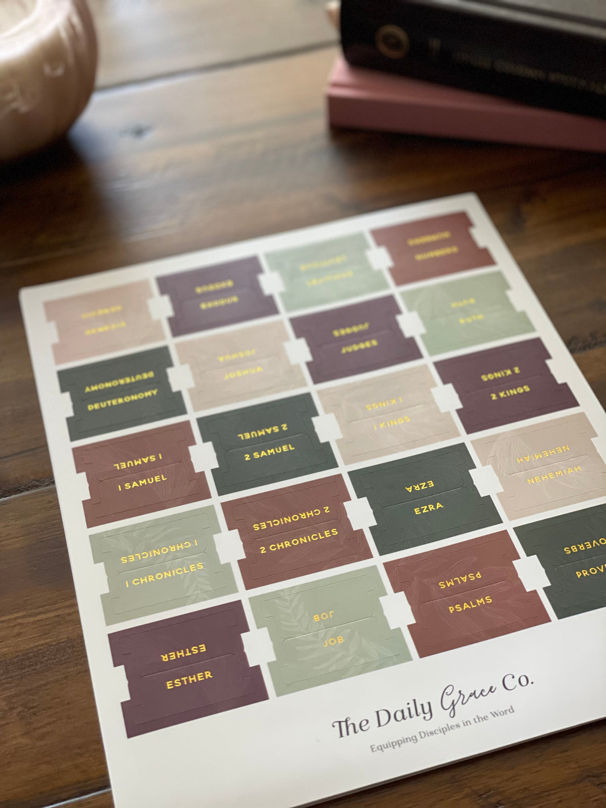 Close angled view of the Bible tab sheet in sage, burgundy and dusty pink
