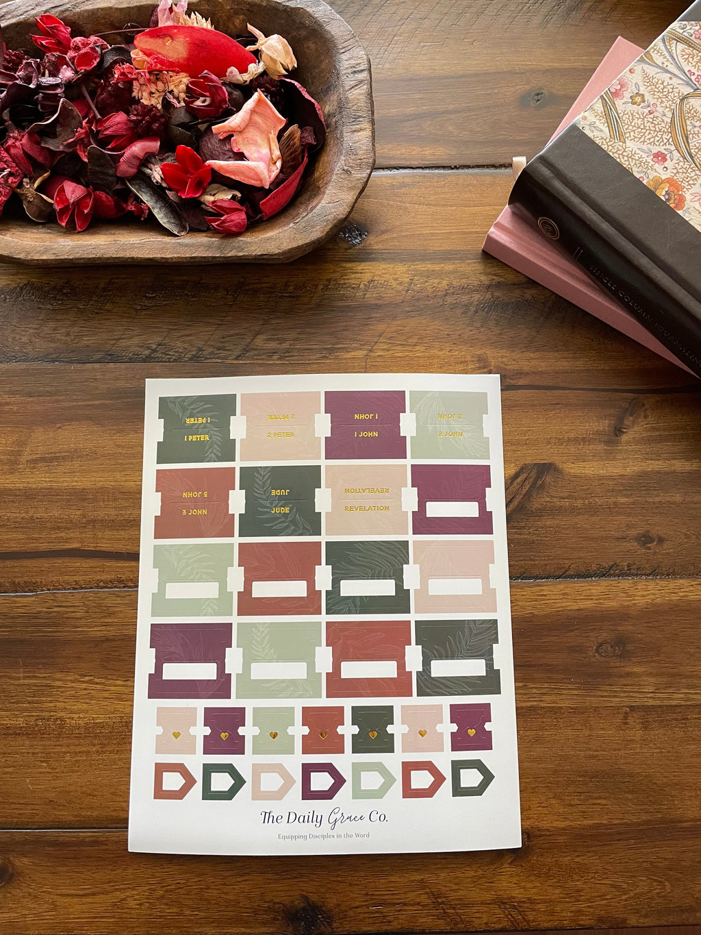 Sheet of Bible tabs in burgundy, sage and cream with blank tabs to fill in