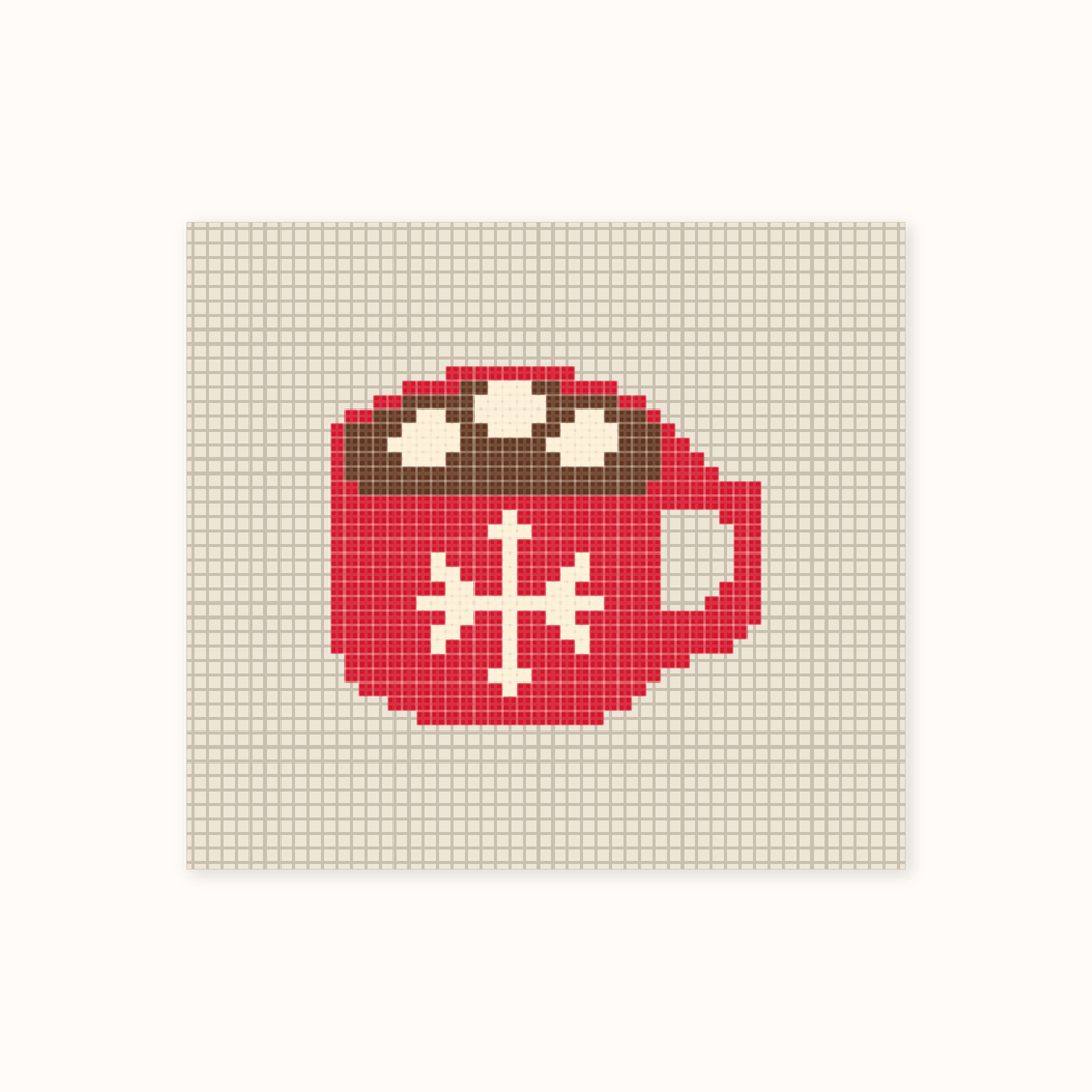 Mini Hot Cocoa hand-painted needlepoint canvas: a red mug of hot cocoa with marshmallows and a white snowflake