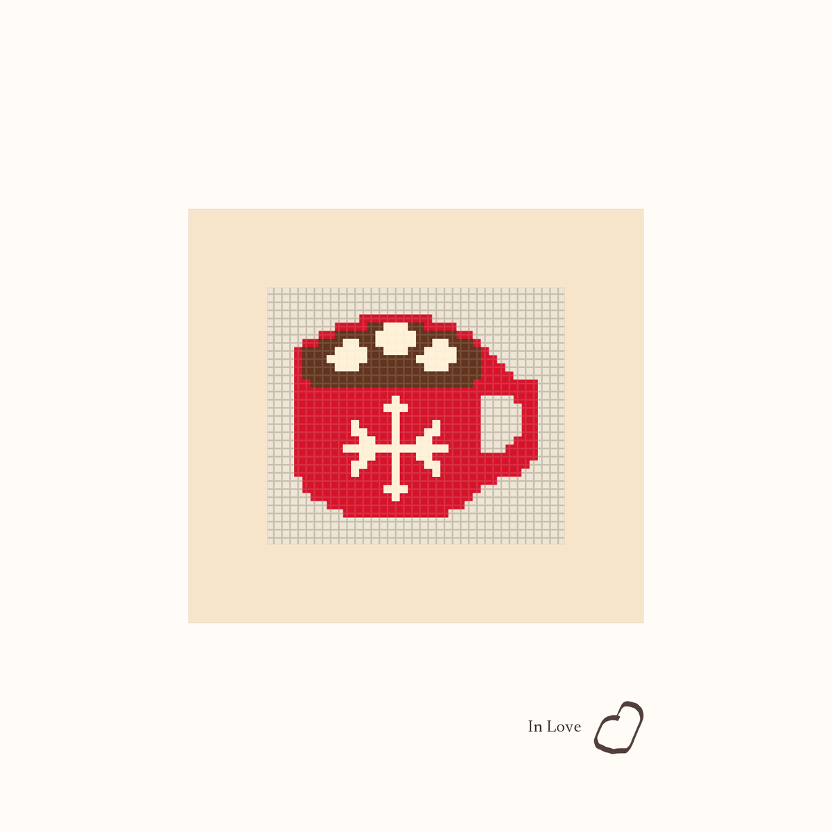 Mini Hot Cocoa design as painted: a red mug of hot cocoa with marshmallows and a white snowflake