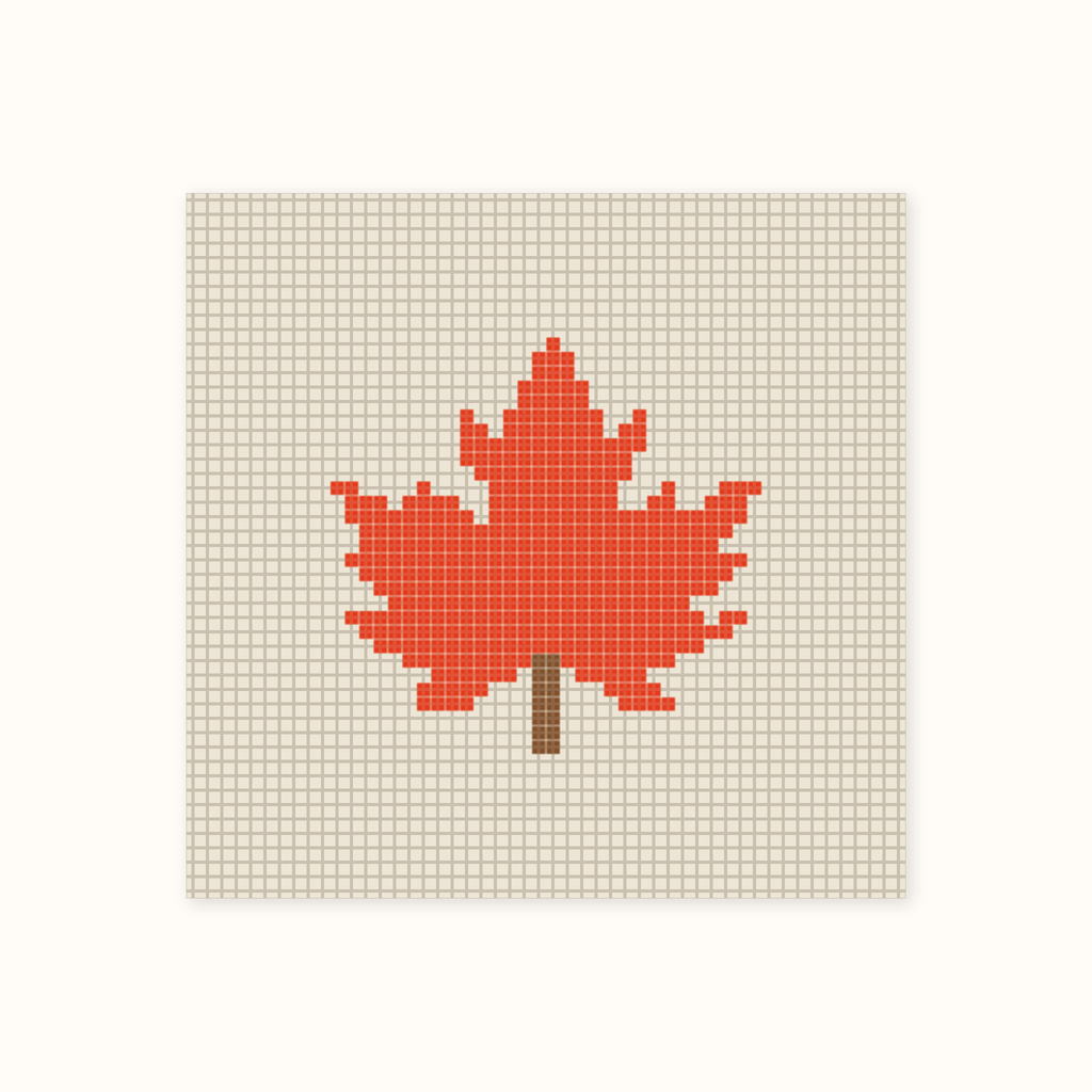 Mini Maple Leaf hand-painted needlepoint canvas: an orange-red maple leaf with a brown stem