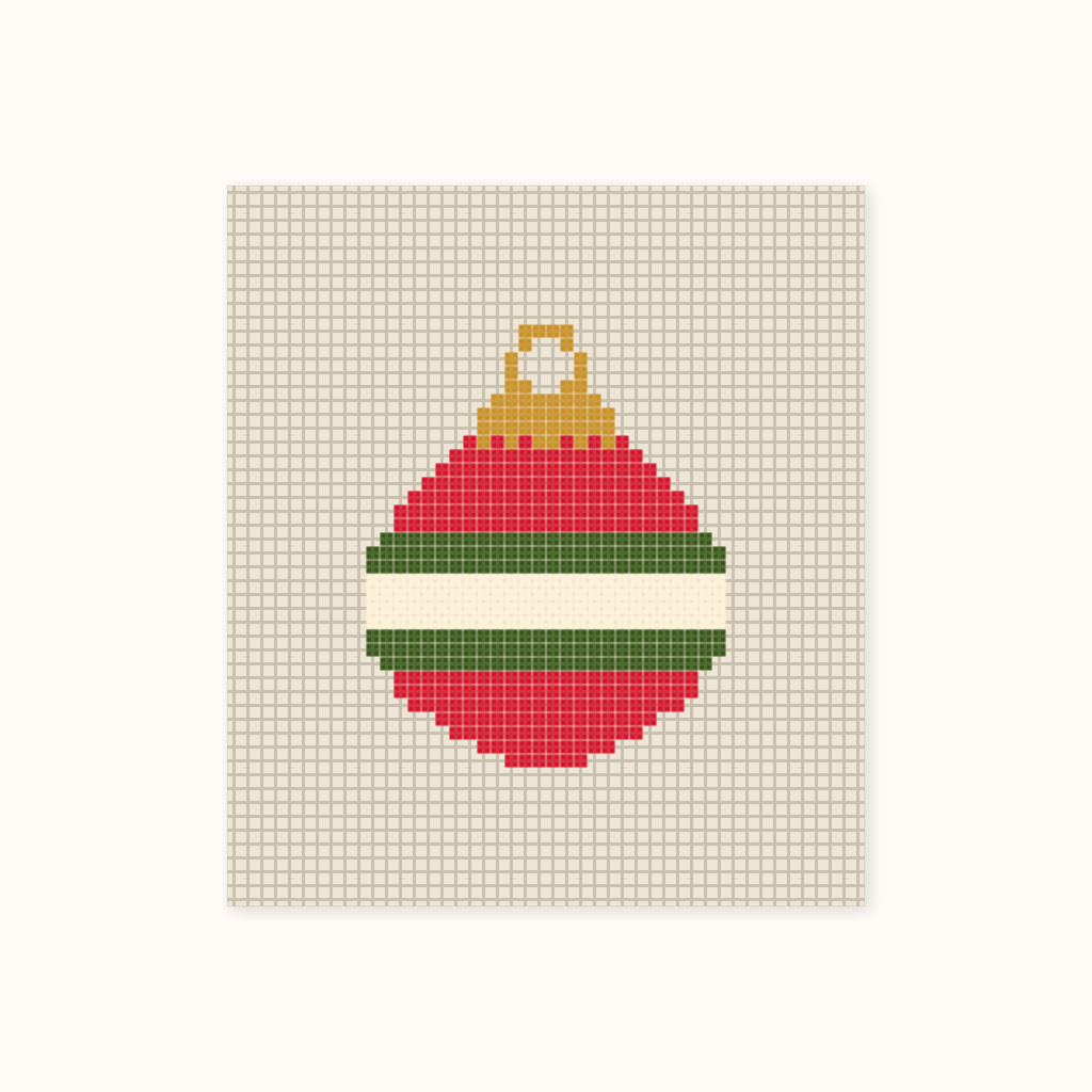 Mini Ornament hand-painted needlepoint canvas: a round red Christmas ornament with green and white stripes and a gold cap