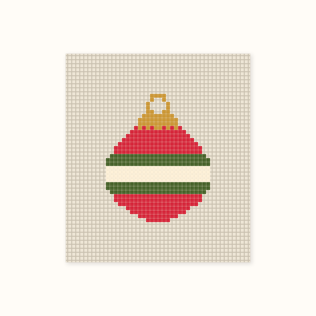Mini Ornament hand-painted needlepoint canvas: a round red Christmas ornament with green and white stripes and a gold cap