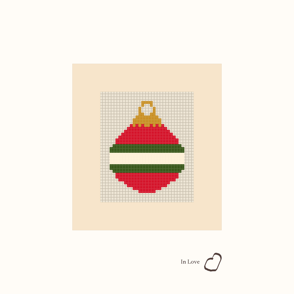 Mini Ornament design as painted: a round red Christmas ornament with green and white stripes and a gold cap