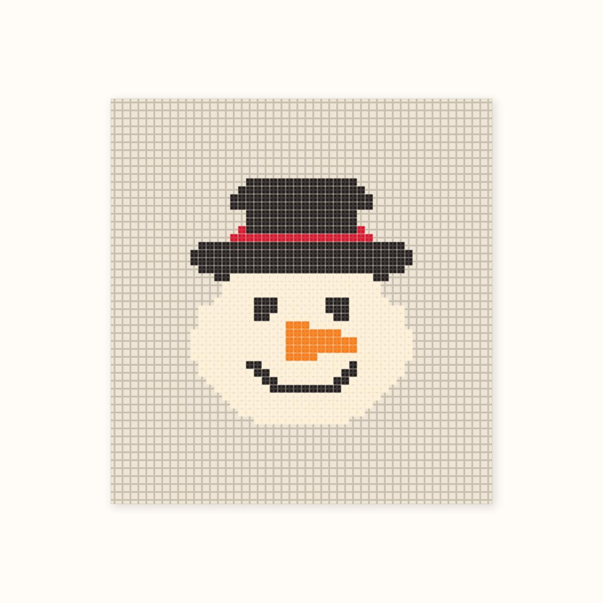 Mini Snowman hand-painted needlepoint canvas: a smiling snowman's face in a black top hat with a carrot nose