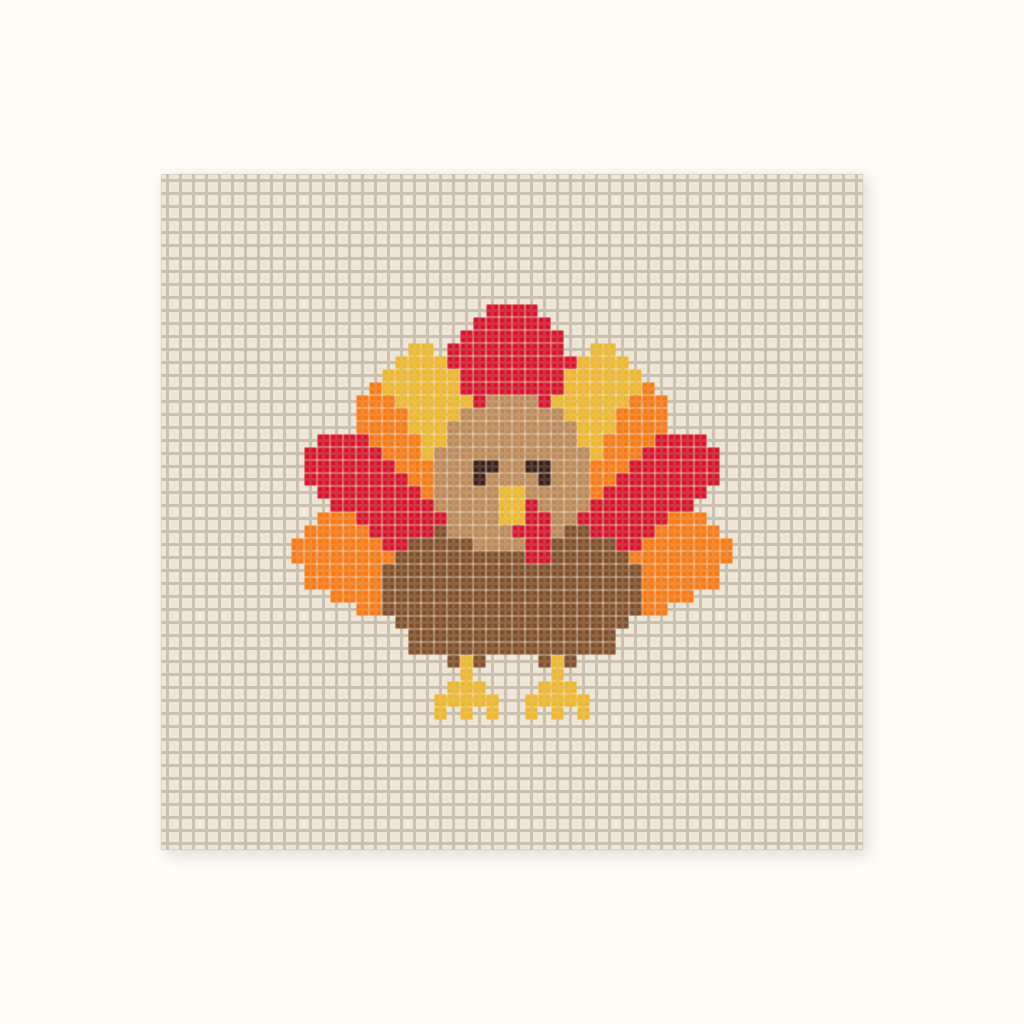 Mini Turkey hand-painted needlepoint canvas: a brown turkey with a fan of red, orange and yellow tail feathers