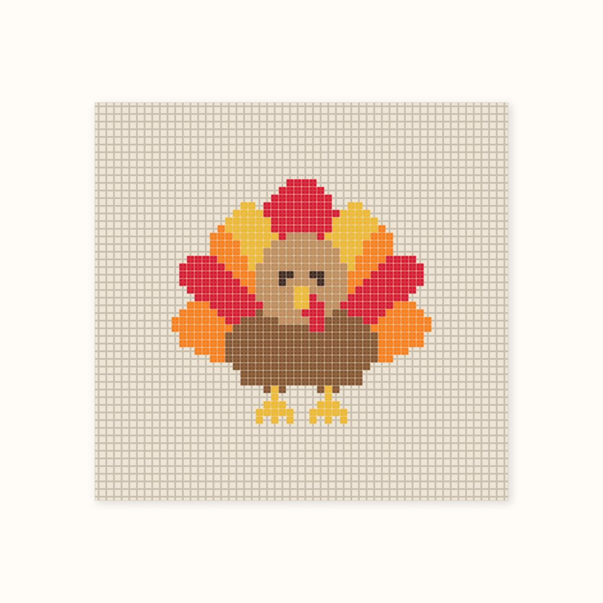 Mini Turkey hand-painted needlepoint canvas: a brown turkey with a fan of red, orange and yellow tail feathers