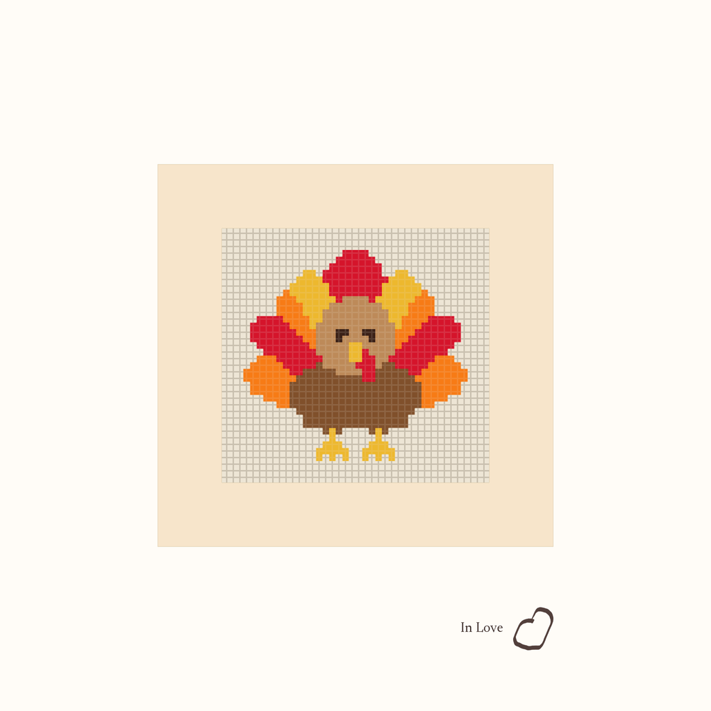 Mini Turkey design as painted: a brown turkey with a fan of red, orange and yellow tail feathers