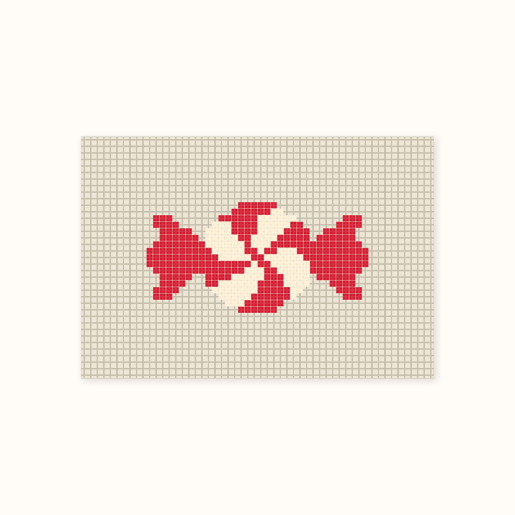 Mini Wrapped Peppermint hand-painted needlepoint canvas: a red and white peppermint candy in a twisted wrapper