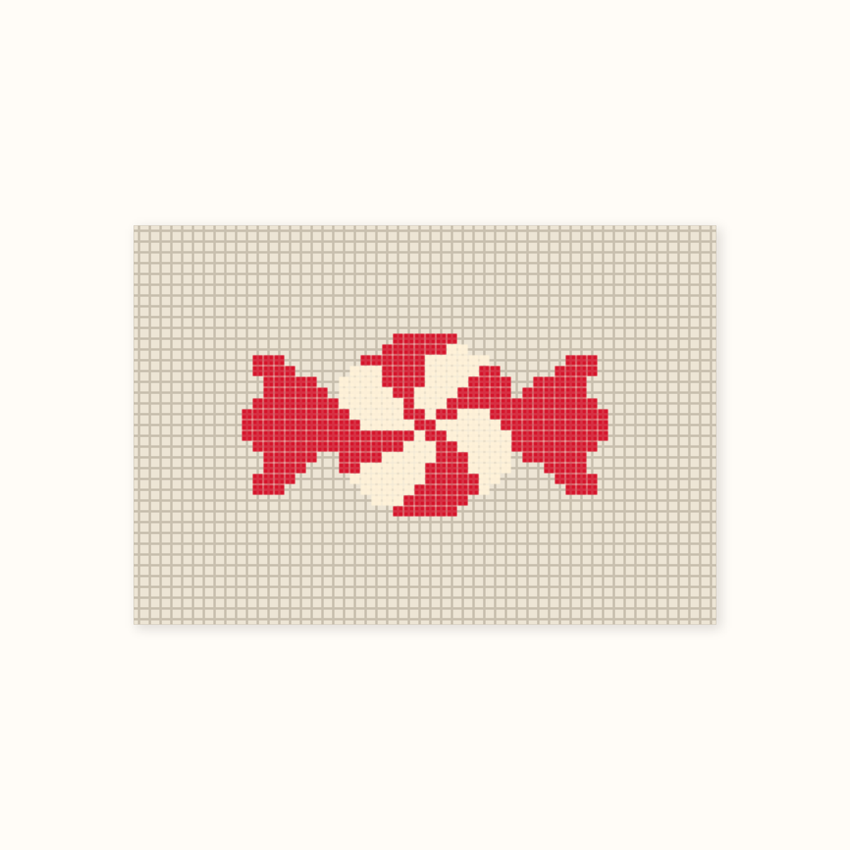 Mini Wrapped Peppermint hand-painted needlepoint canvas: a red and white peppermint candy in a twisted wrapper