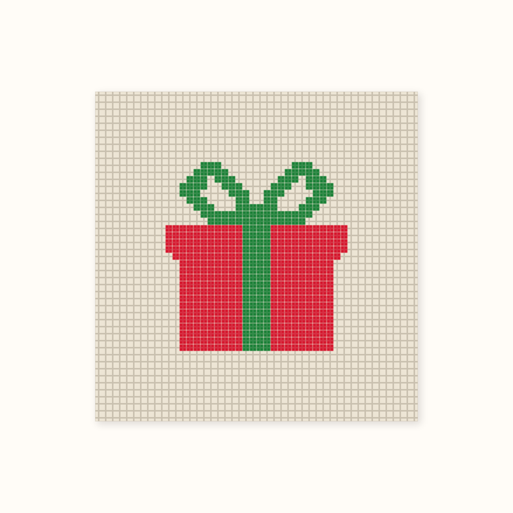 Mini Wrapped Present hand-painted needlepoint canvas: a red present tied with a green ribbon and bow