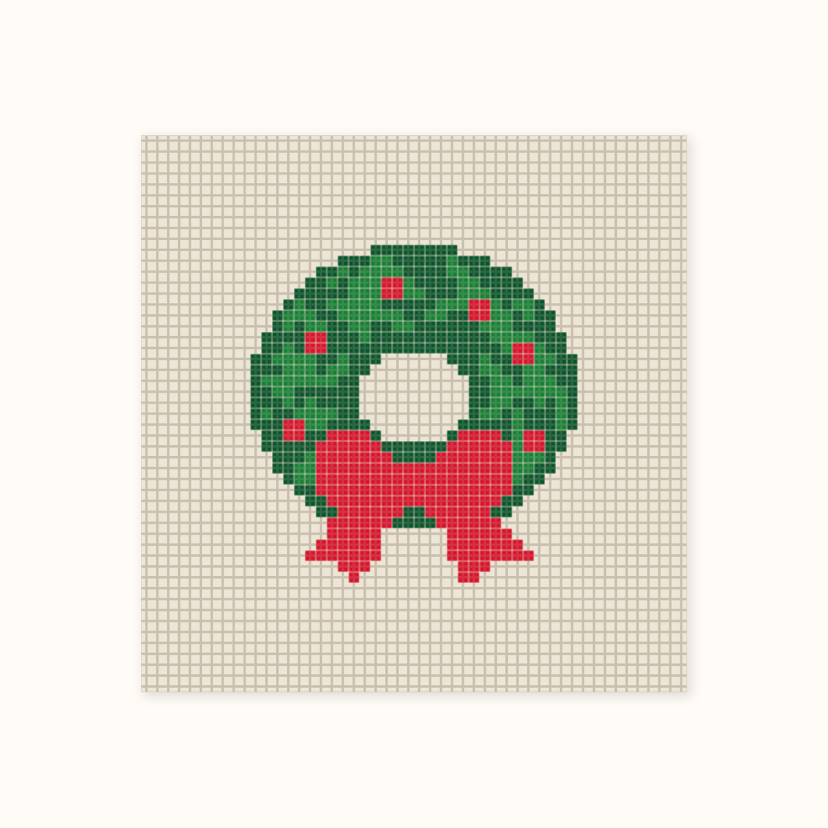 Mini Wreath hand-painted needlepoint canvas: a green wreath with red berries and a red bow