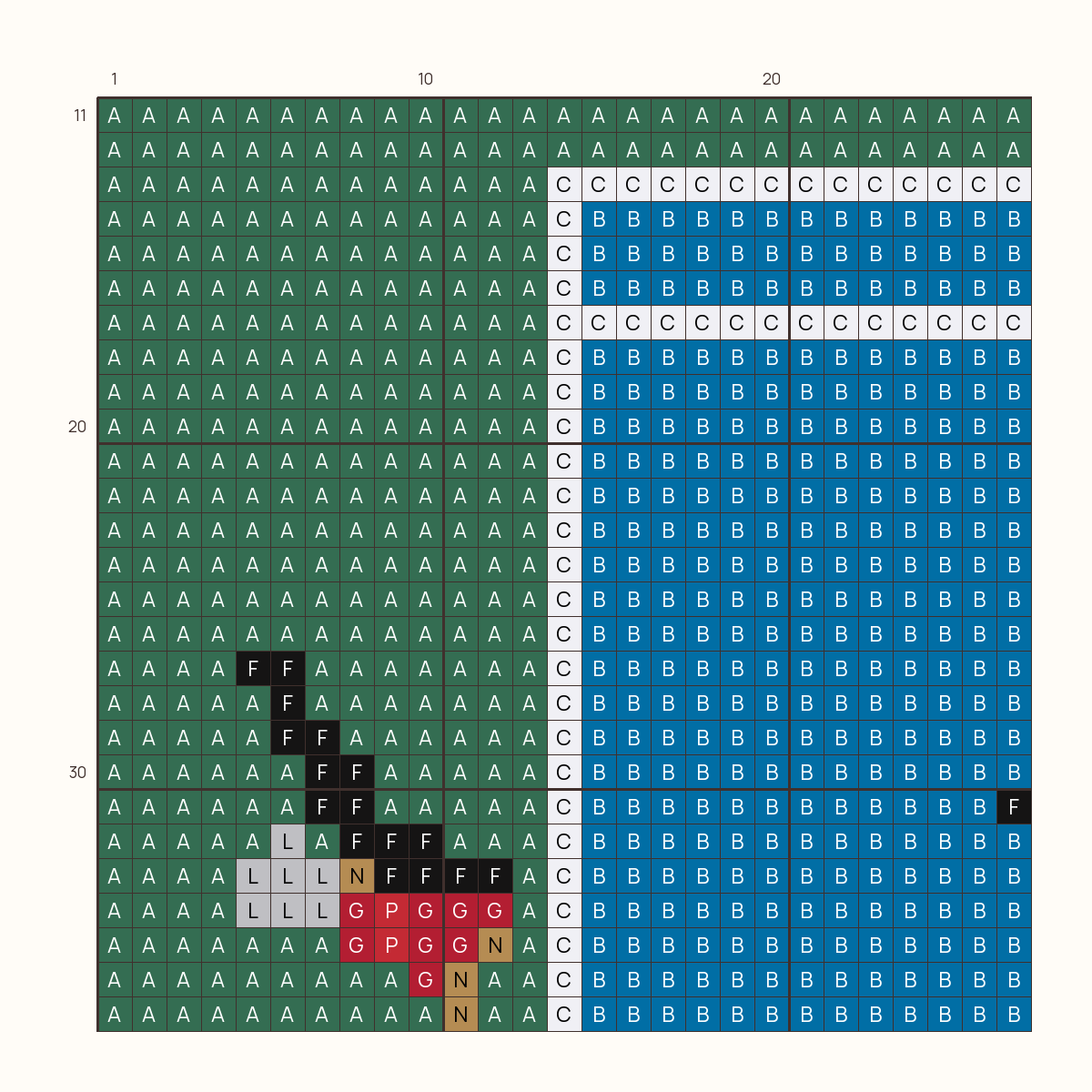 Pickleball stitch chart, one square per stitch