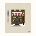 Snowy Bookshop hand-painted needlepoint canvas: a snowy bookshop at Christmastime
