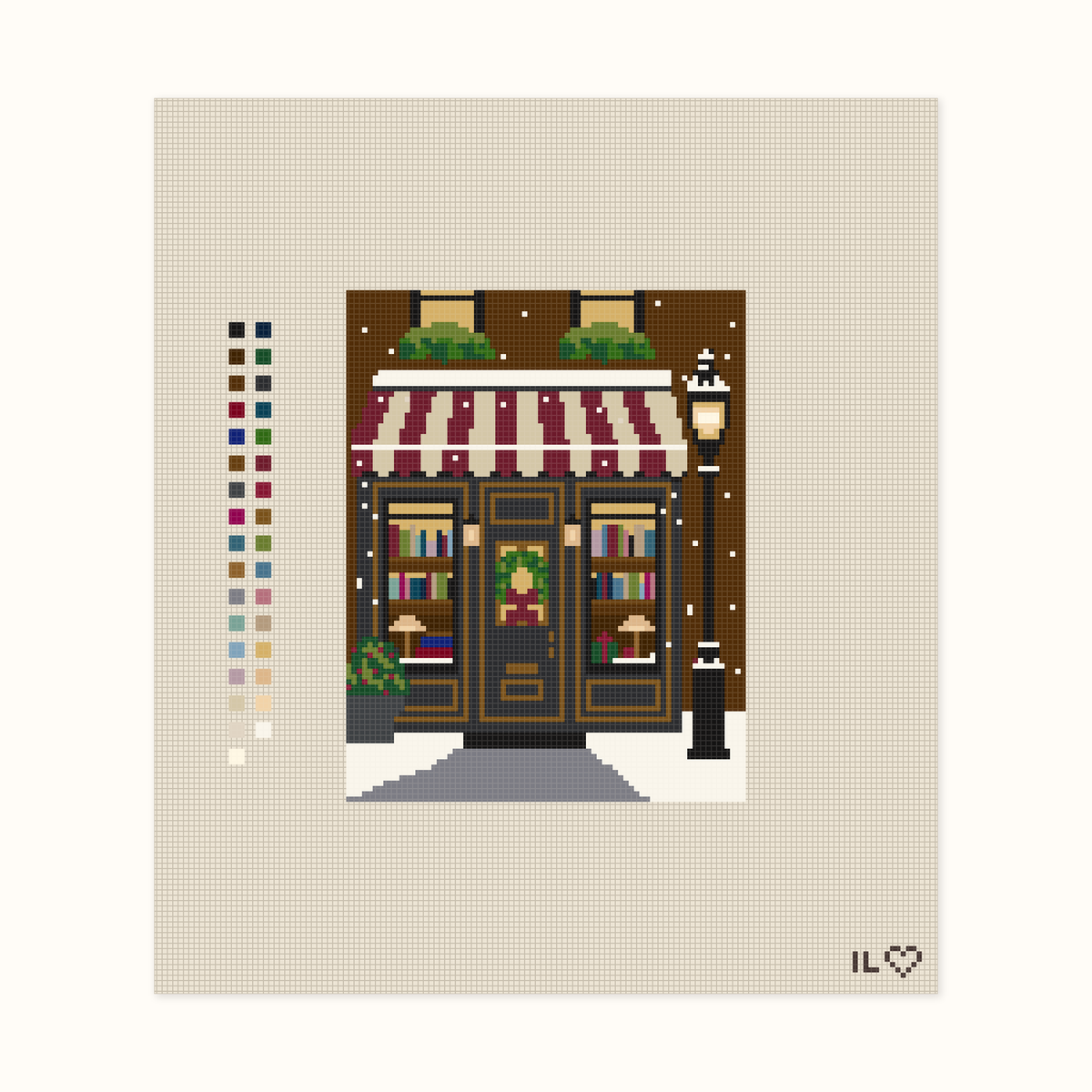 Snowy Bookshop hand-painted needlepoint canvas: a snowy bookshop at Christmastime